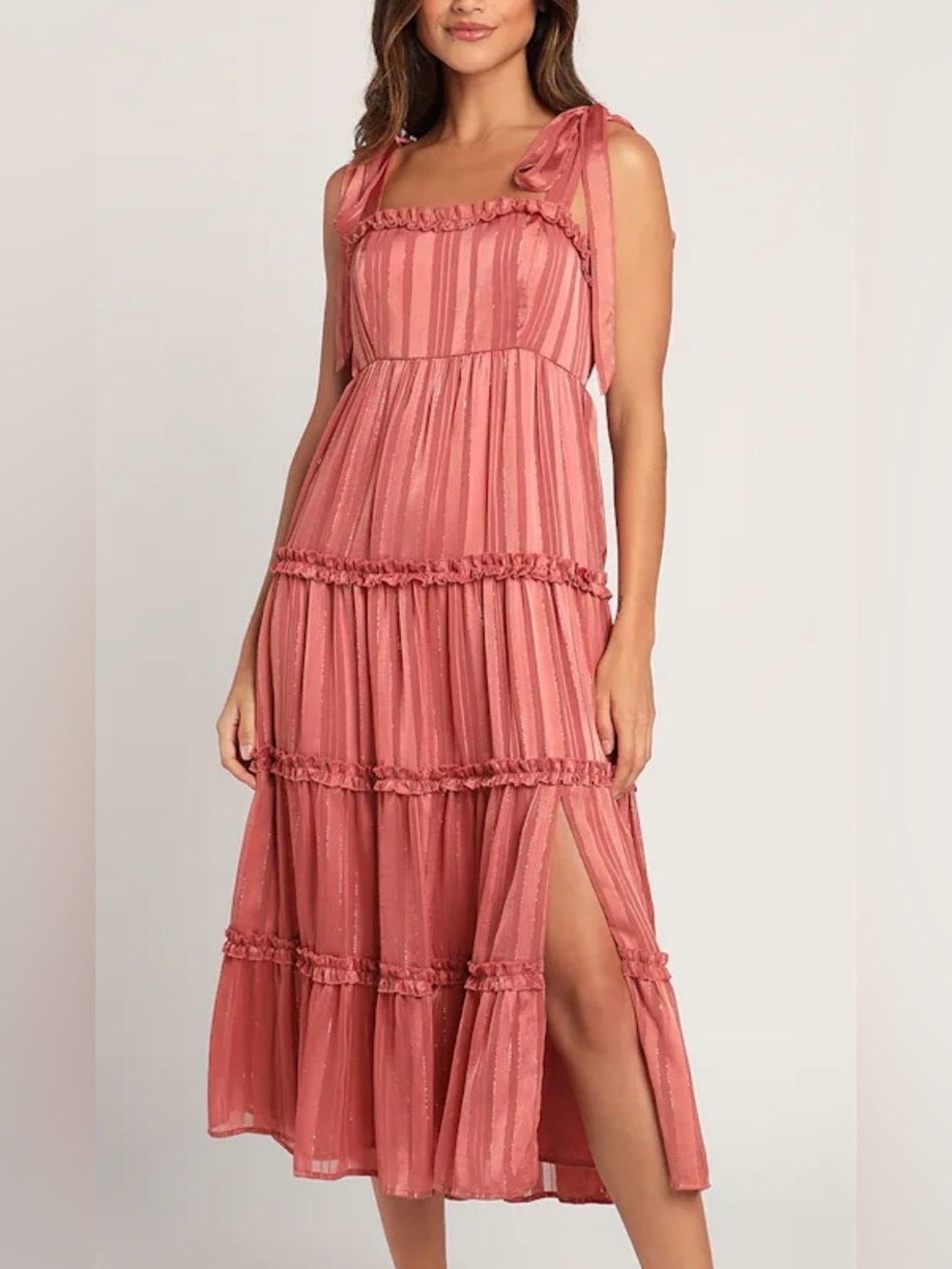 Lulu's Day for Romance Mauve Tie-Strap Tiered Midi Dress